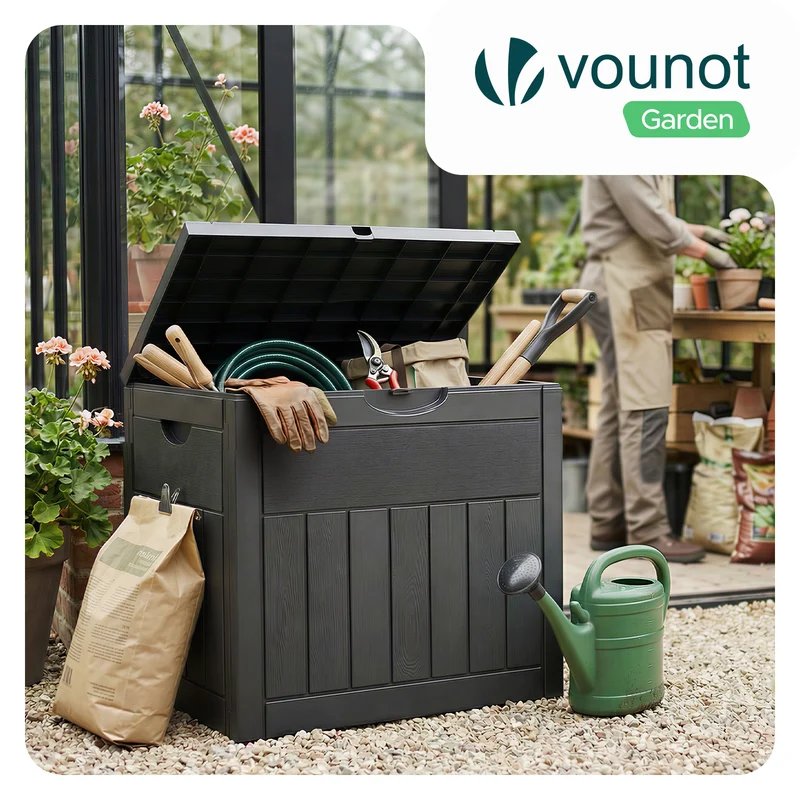 Coffre de Rangement Exterieur 126L en PP 56x43x53CM Style Bois Noir