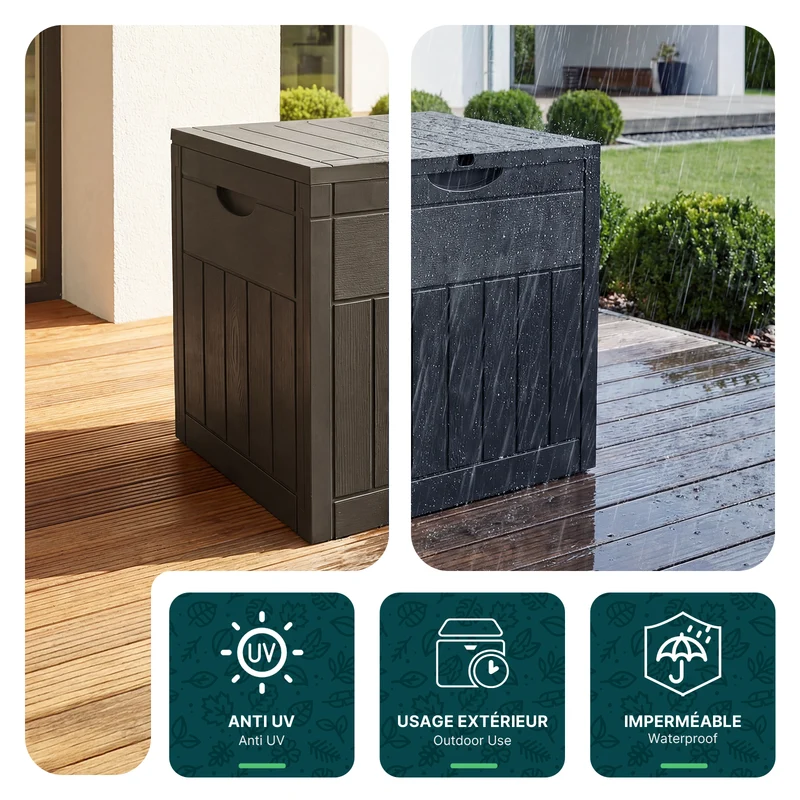 Coffre de Rangement Exterieur 126L en PP 56x43x53CM Style Bois Noir