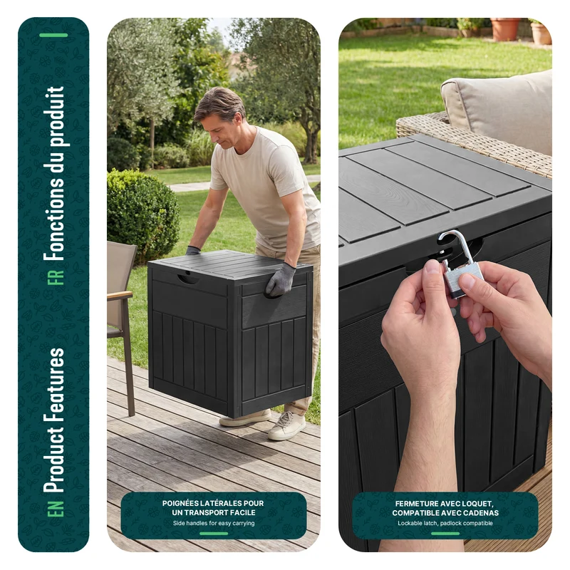 Coffre de Rangement Exterieur 126L en PP 56x43x53CM Style Bois Noir