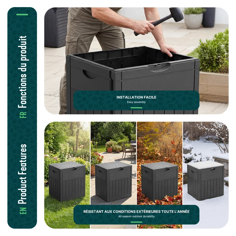 Coffre de Rangement Exterieur 126L en PP 56x43x53CM Style Bois Noir