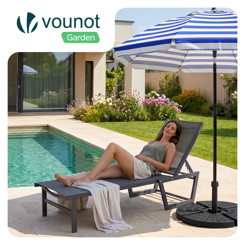 Bain de soleil transat aluminium en textilene 190x62x31cm gris