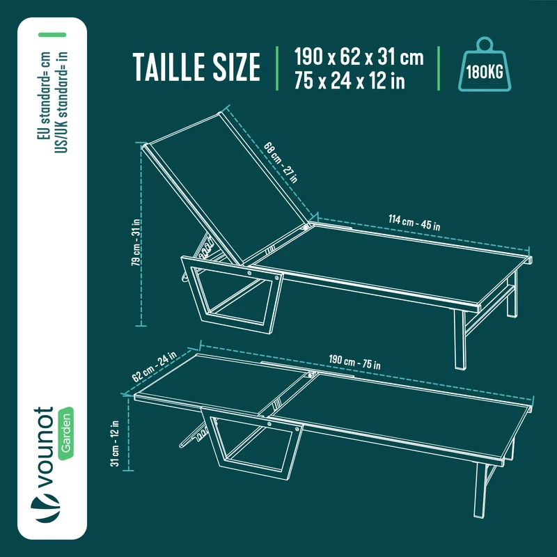 Bain de soleil transat aluminium en textilene 190x62x31cm gris
