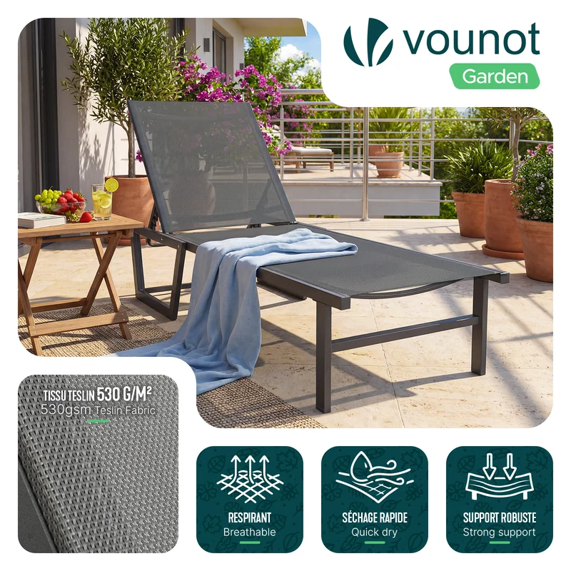 Bain de soleil transat aluminium en textilene 190x62x31cm gris