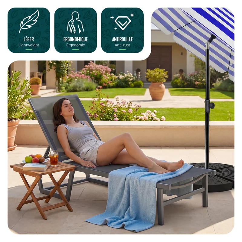 Bain de soleil transat aluminium en textilene 190x62x31cm gris