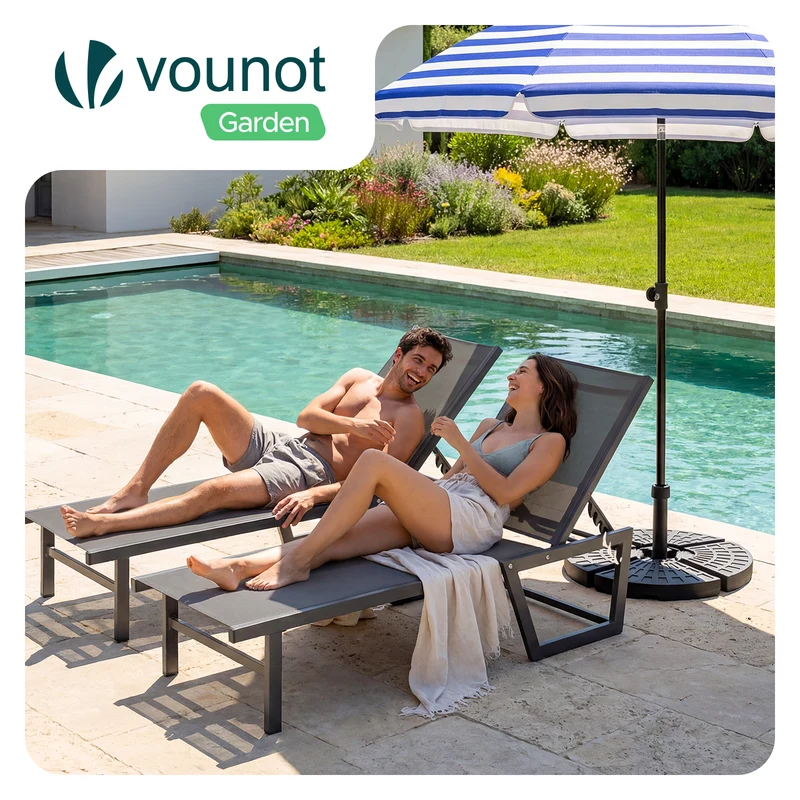Lot de 2 Bain de soleil transat aluminium en textilene 190x62x31cm gris