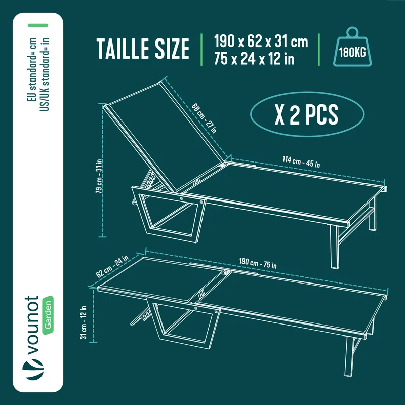 Lot de 2 Bain de soleil transat aluminium en textilene 190x62x31cm gris