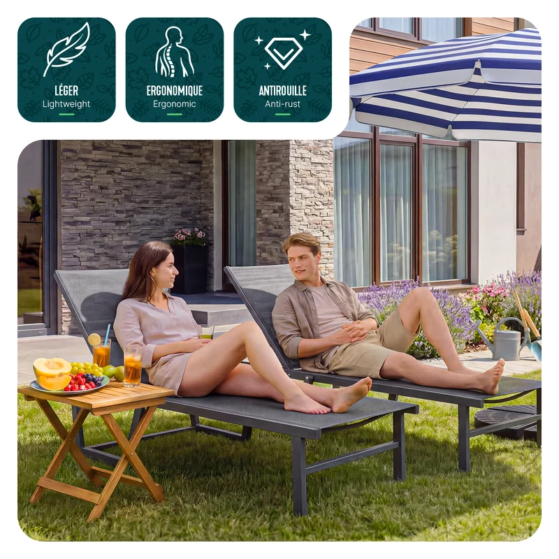 Lot de 2 Bain de soleil transat aluminium en textilene 190x62x31cm gris
