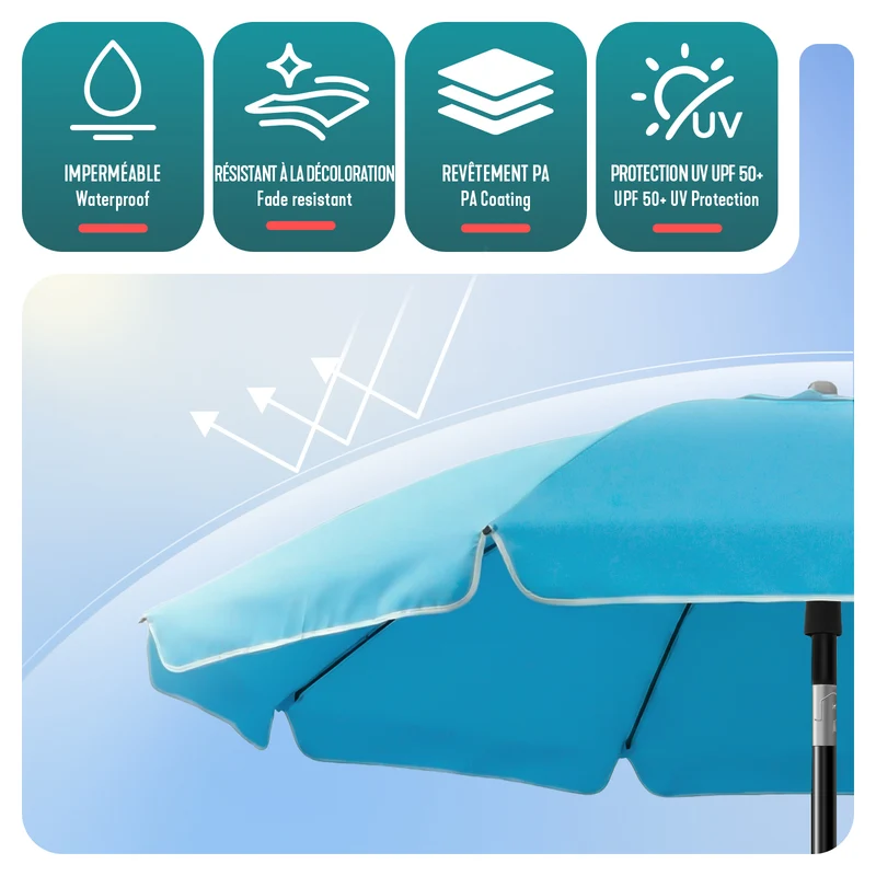 Parasol de jardin 2m avec ancrage sol et sac de transport Turquoise