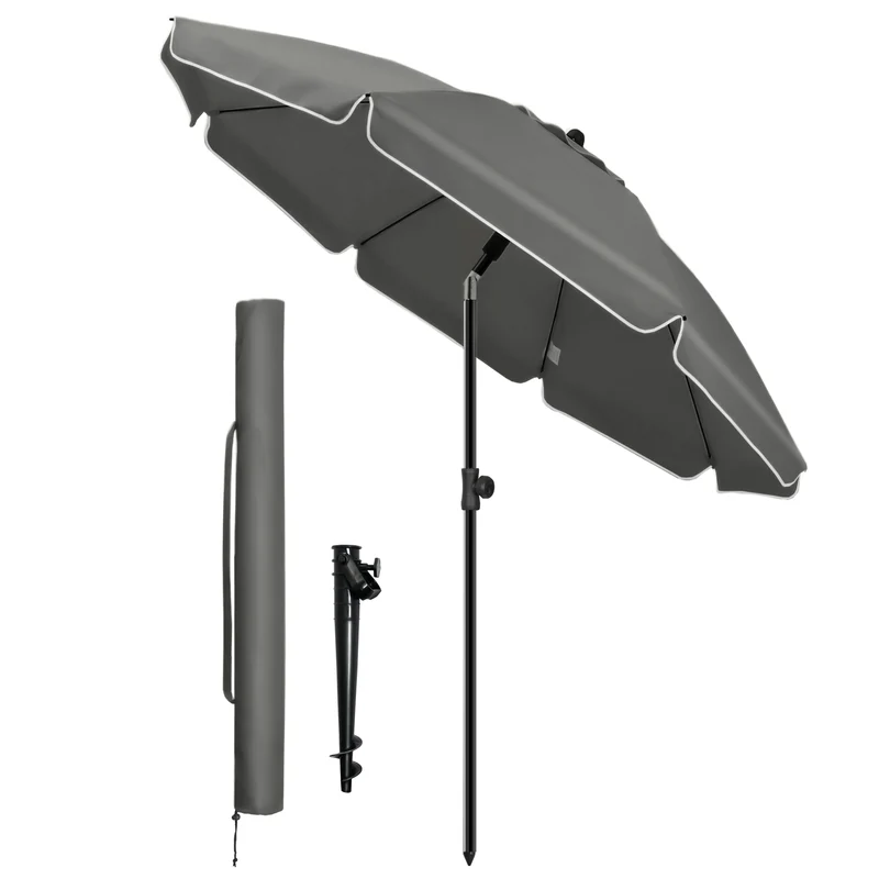Parasol de jardin 2m avec ancrage sol et sac de transport Gris