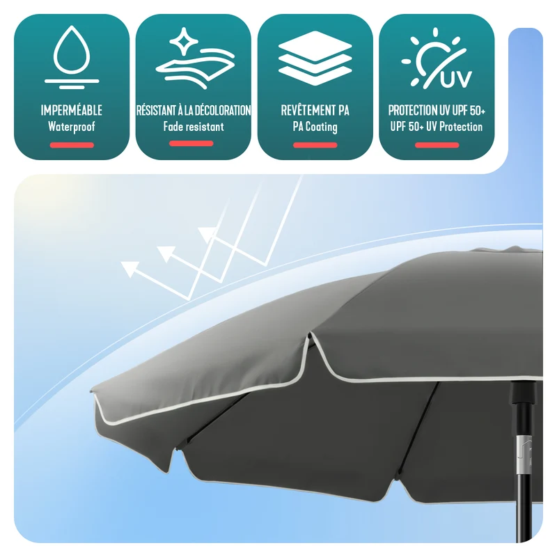 Parasol de jardin 2m avec ancrage sol et sac de transport Gris