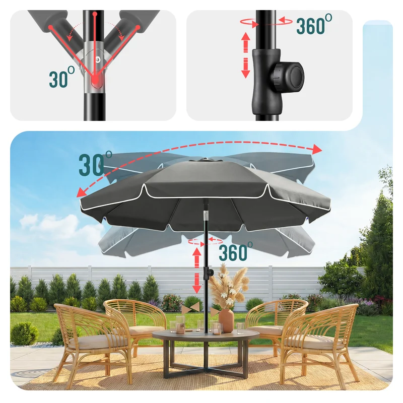 Parasol de jardin 2m avec ancrage sol et sac de transport Gris