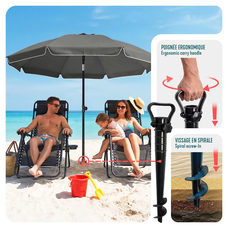 Parasol de jardin 2m avec ancrage sol et sac de transport Gris