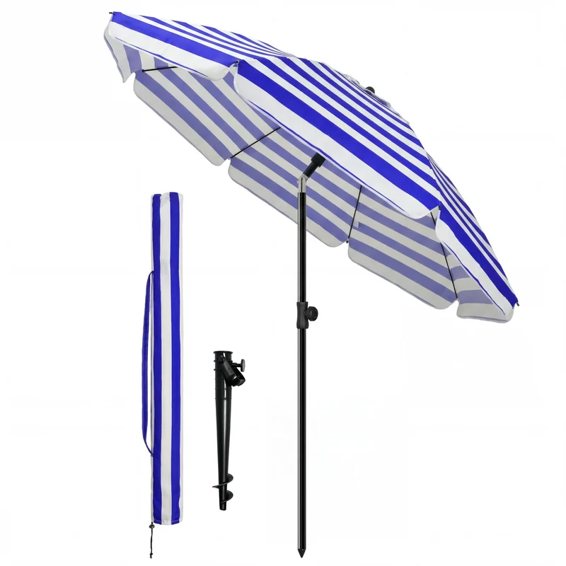 Parasol de jardin 2m avec ancrage sol et sac de transport Bleu blanc