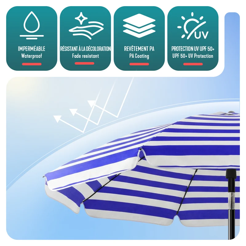 Parasol de jardin 2m avec ancrage sol et sac de transport Bleu blanc