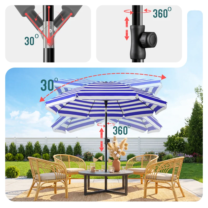 Parasol de jardin 2m avec ancrage sol et sac de transport Bleu blanc
