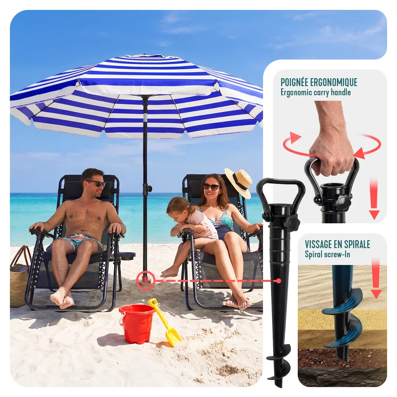 Parasol de jardin 2m avec ancrage sol et sac de transport Bleu blanc