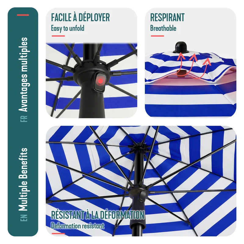Parasol de jardin 2m avec ancrage sol et sac de transport Bleu blanc