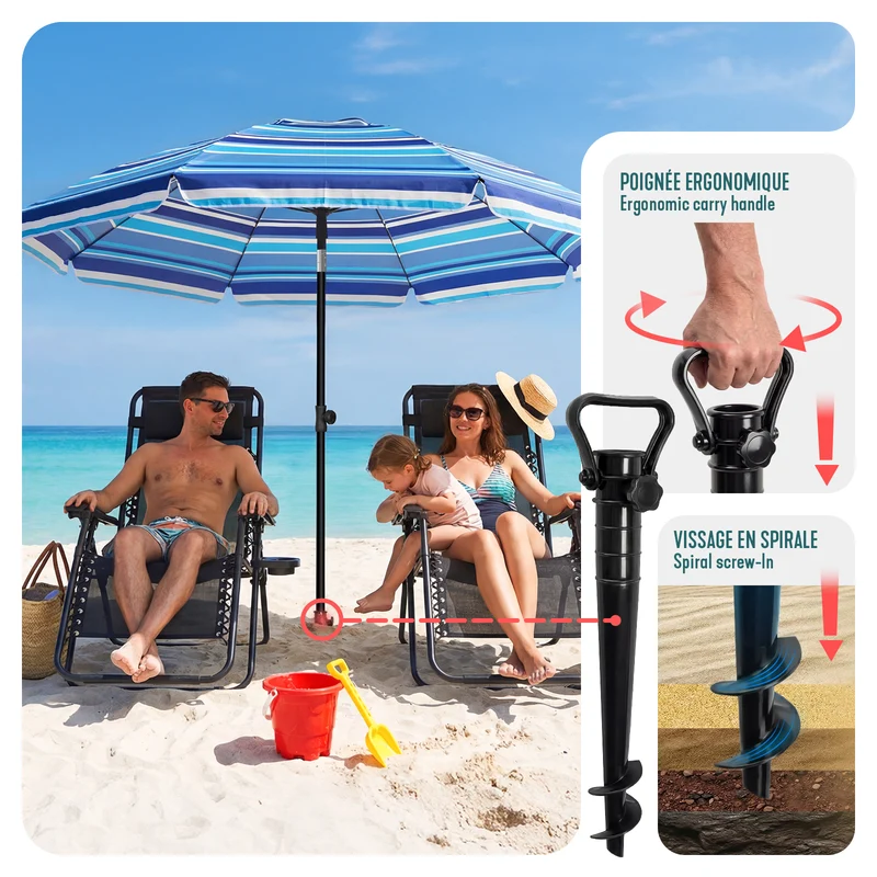 Parasol de jardin 2m avec ancrage sol et sac de transport Bleu mixte