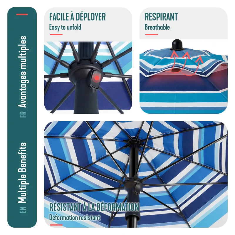 Parasol de jardin 2m avec ancrage sol et sac de transport Bleu mixte