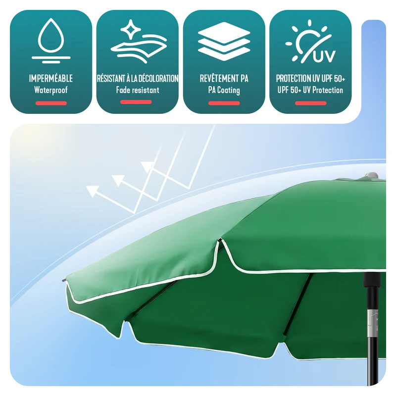 Parasol de jardin 2m avec ancrage sol et sac de transport Vert
