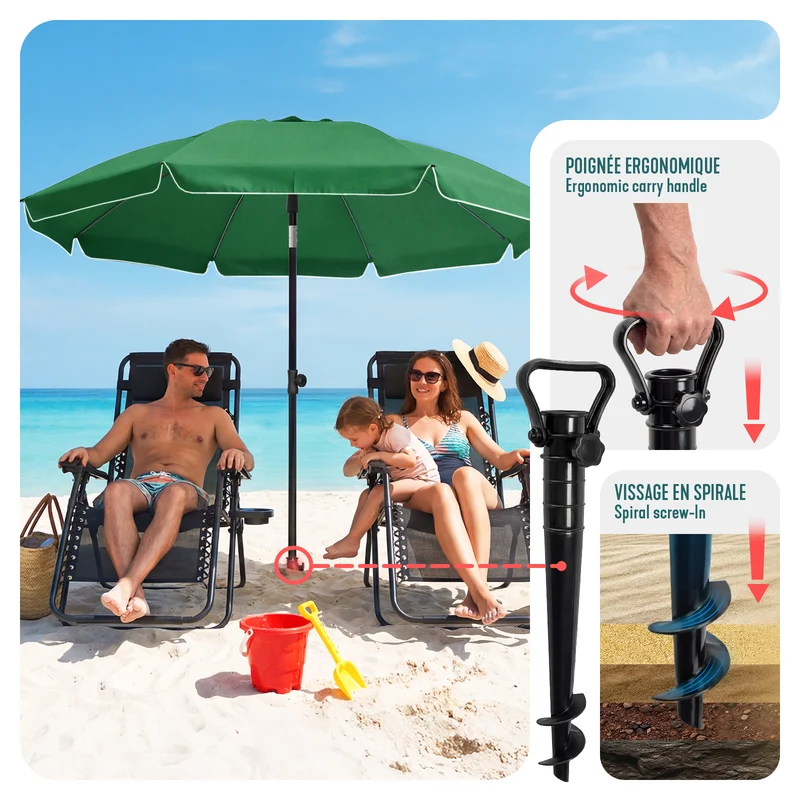 Parasol de jardin 2m avec ancrage sol et sac de transport Vert