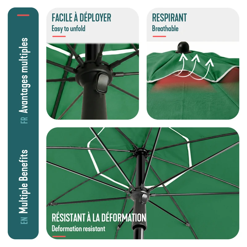 Parasol de jardin 2m avec ancrage sol et sac de transport Vert