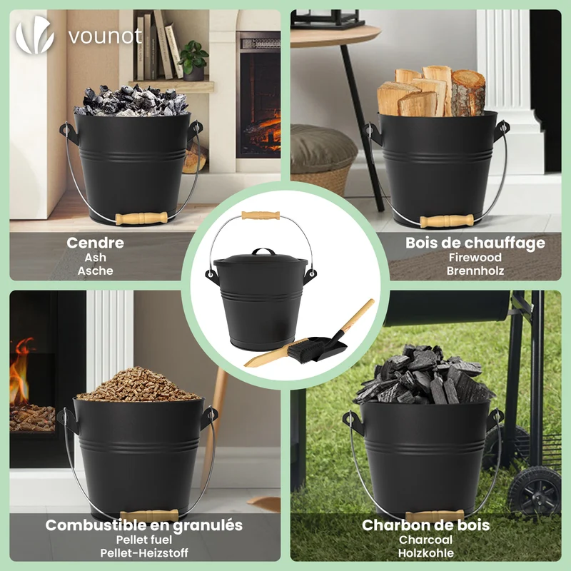 Seau à Cendres en Métal avec Couvercle Pelle et Balai à Main 5L Noir