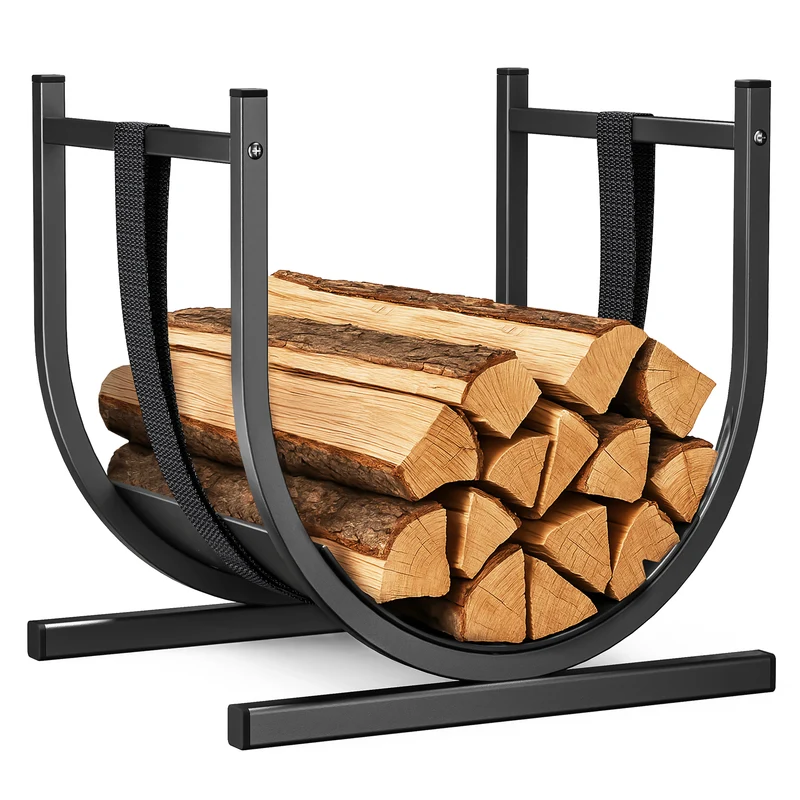 Range Buche Support a bois avec Sangle de Sécurité 41x37x39.5cm en Metal noir