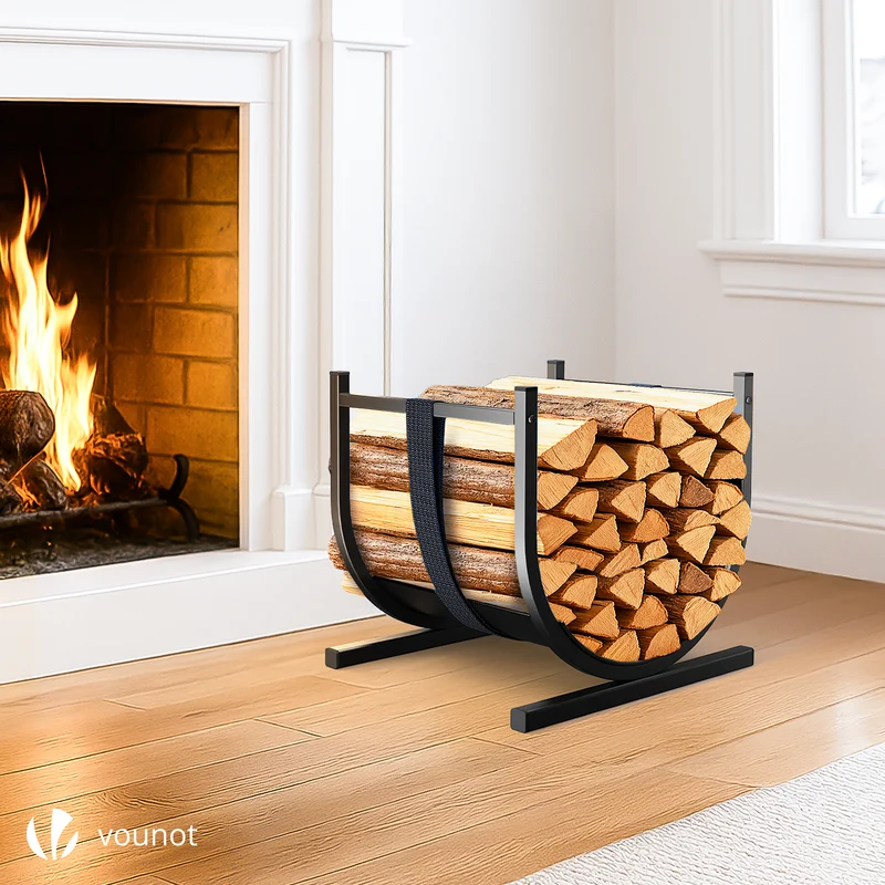 Range Buche Support a bois avec Sangle de Sécurité 41x37x39.5cm en Metal noir