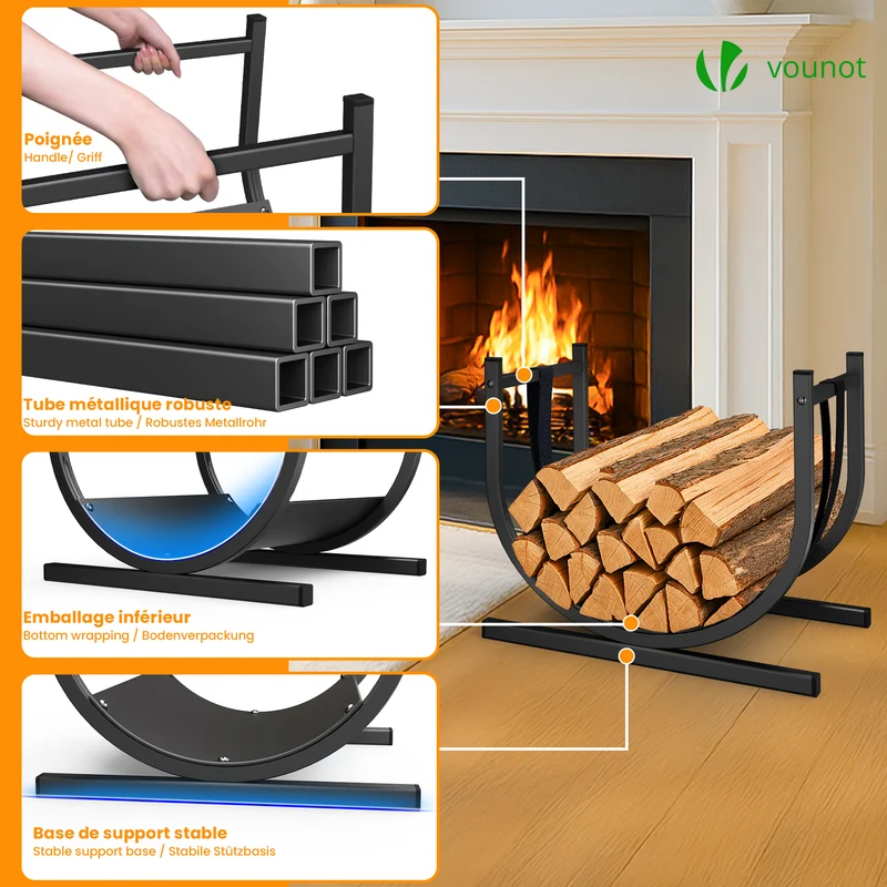 Range Buche Support a bois avec Sangle de Sécurité 41x37x39.5cm en Metal noir