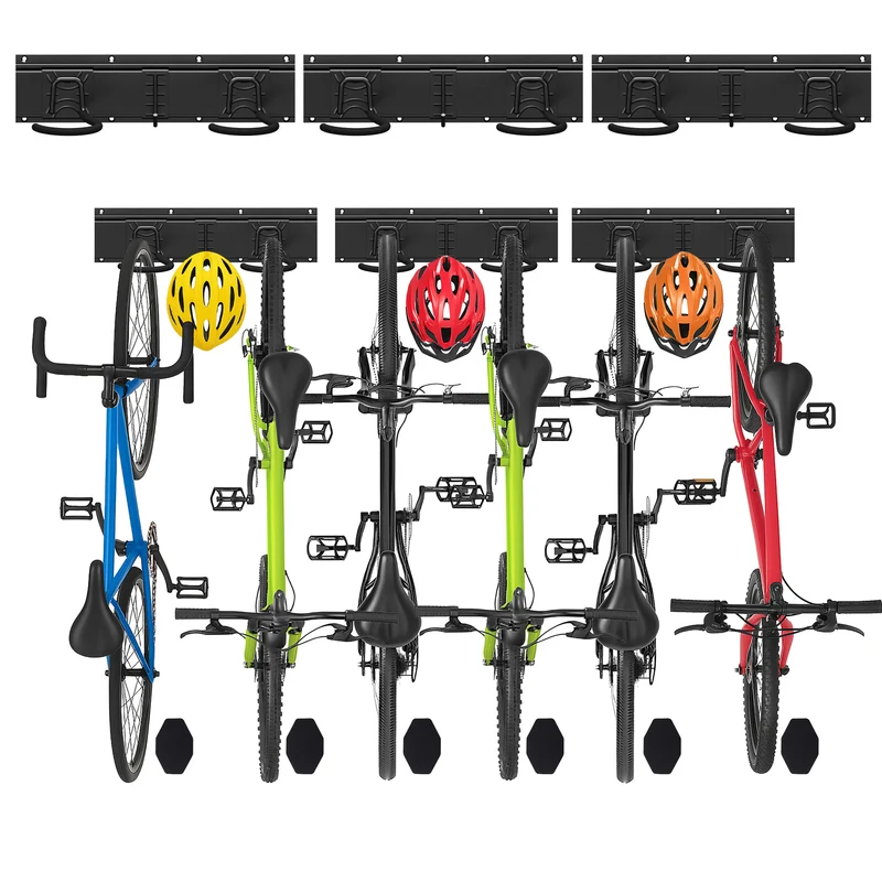 Support mural rangement pour 6 velos et 3 casques rails et crochets metal noir