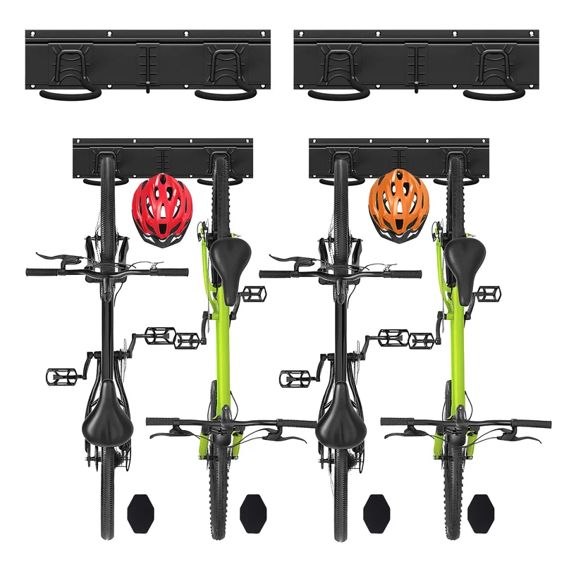 Support mural rangement pour 4 velos et 2 casques rails et crochets metal noir