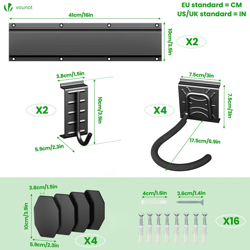 Support mural rangement pour 4 velos et 2 casques rails et crochets metal noir