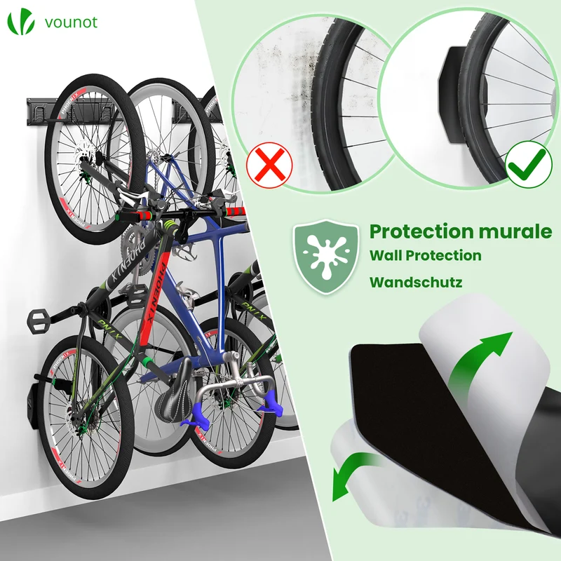 Support mural rangement pour 4 velos et 2 casques rails et crochets metal noir