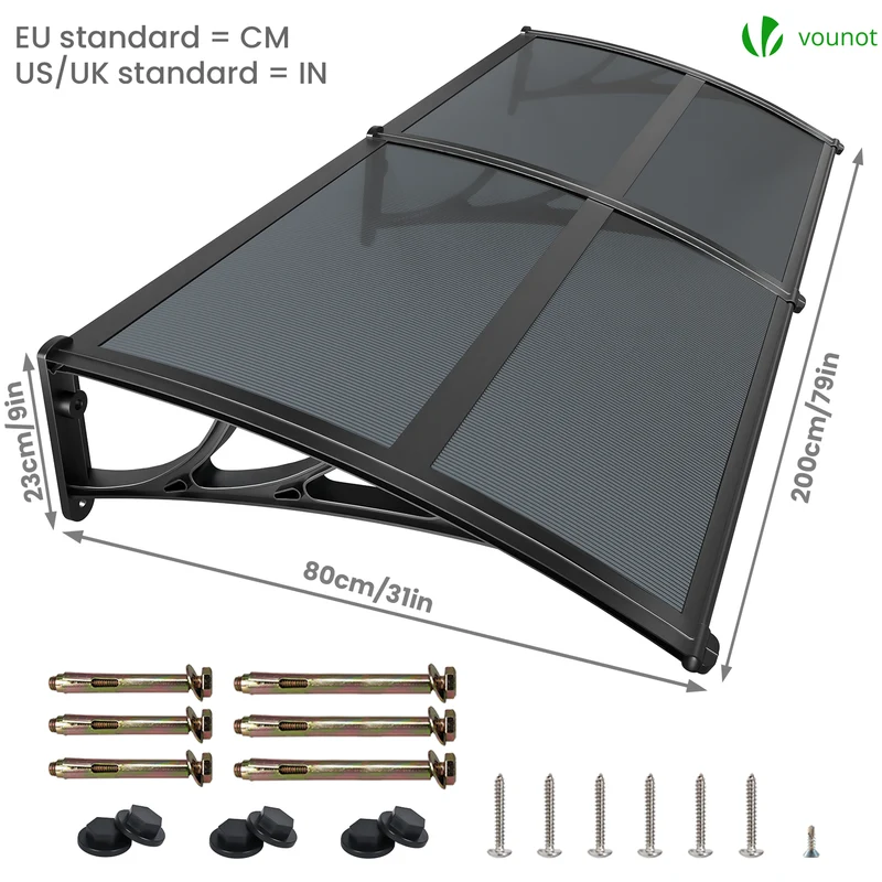 Auvent de porte marquise 200x80 cm en Polycarbonate anti UV Anthracite