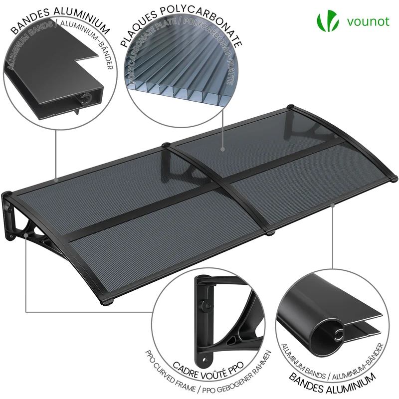 Auvent de porte marquise 200x80 cm en Polycarbonate anti UV Anthracite