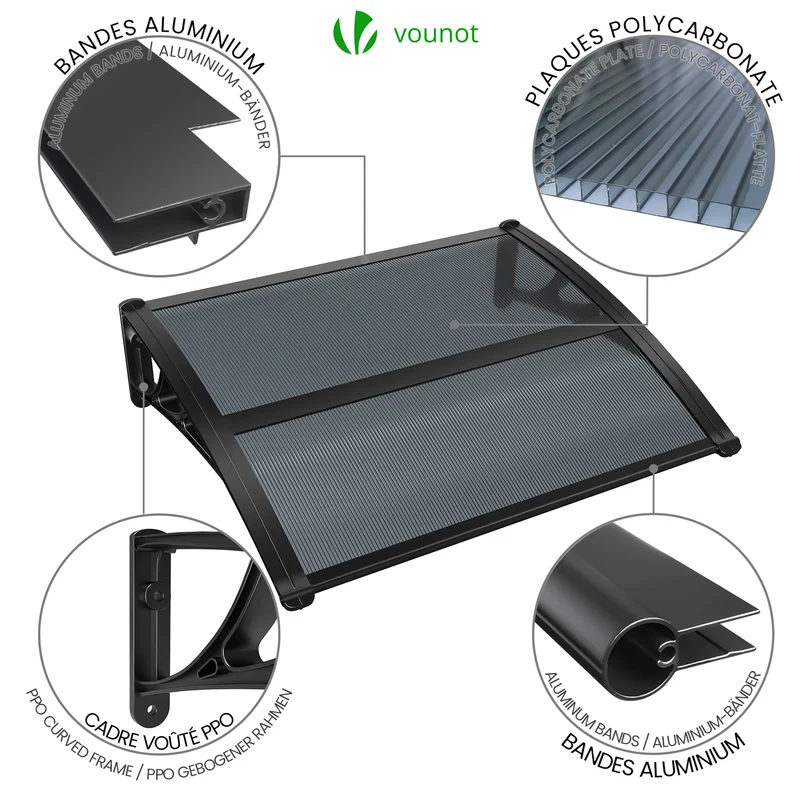 Auvent de porte marquise 100x80 cm en Polycarbonate anti UV Anthracite