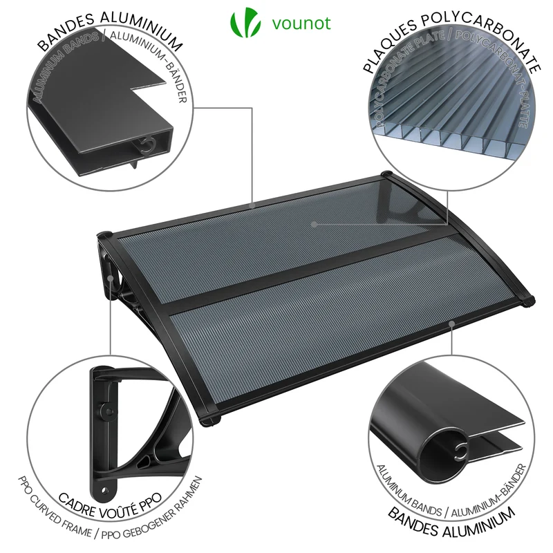 Auvent de porte marquise 120x80 cm en Polycarbonate anti UV Anthracite