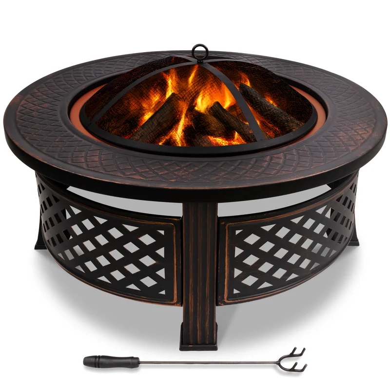 Brasero exterieur en metal avec grille pare-etincelles tisonnier diametre 81cm noir