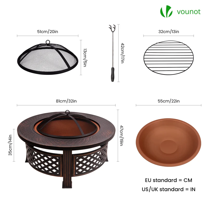 Brasero exterieur en metal avec grille pare-etincelles tisonnier diametre 81cm noir