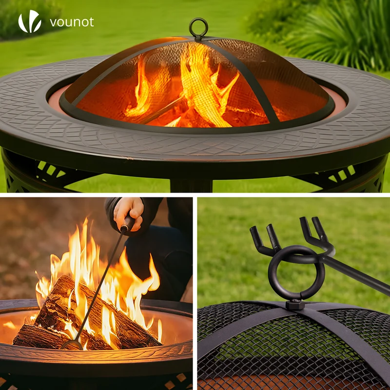 Brasero exterieur en metal avec grille pare-etincelles tisonnier diametre 81cm noir