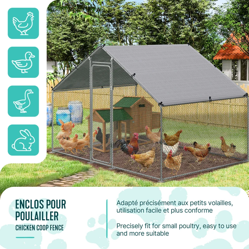 Enclos poulailler en metal galvanise et grillage avec bache PE 300x200x200cm