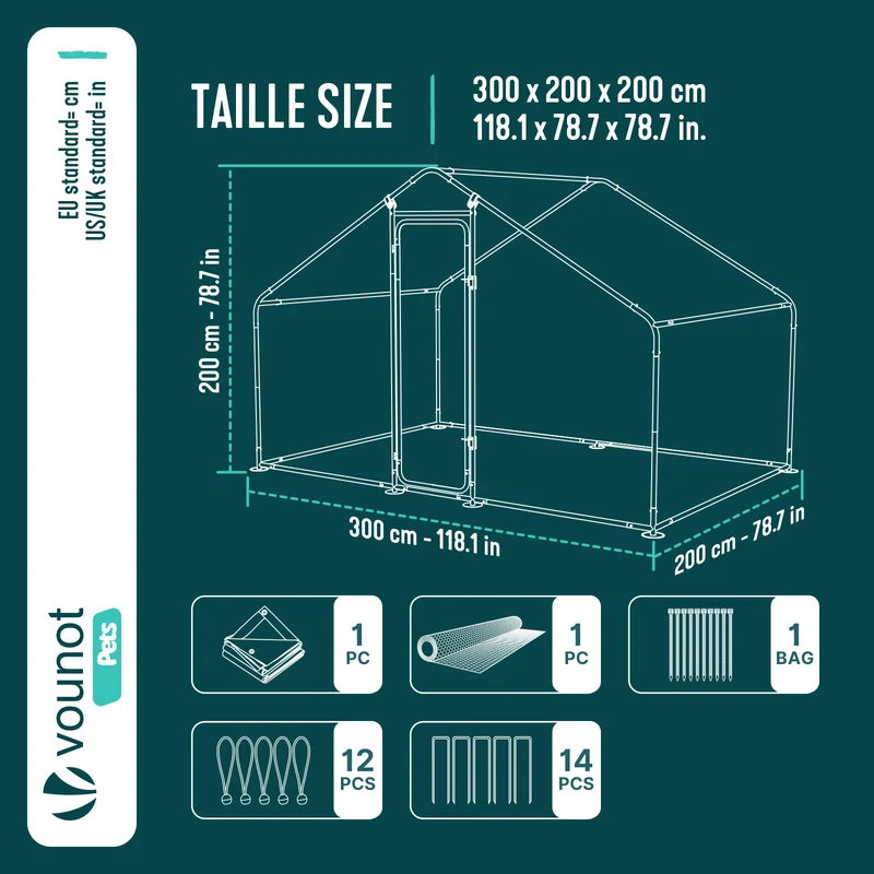 Enclos poulailler en metal galvanise et grillage avec bache PE 300x200x200cm