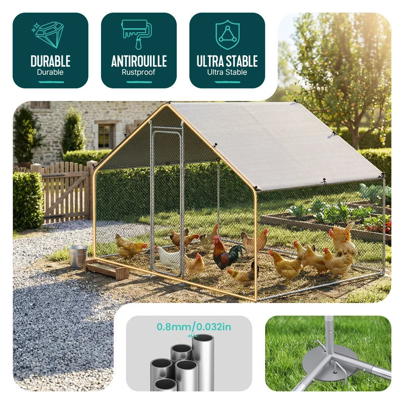 Enclos poulailler en metal galvanise et grillage avec bache PE 300x200x200cm