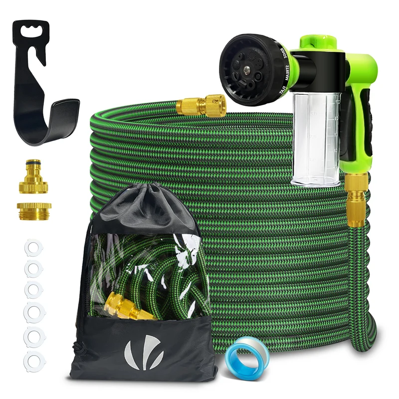 Tuyau d’Arrosage Extensible 15m avec Récipient Savon et accessoires vert
