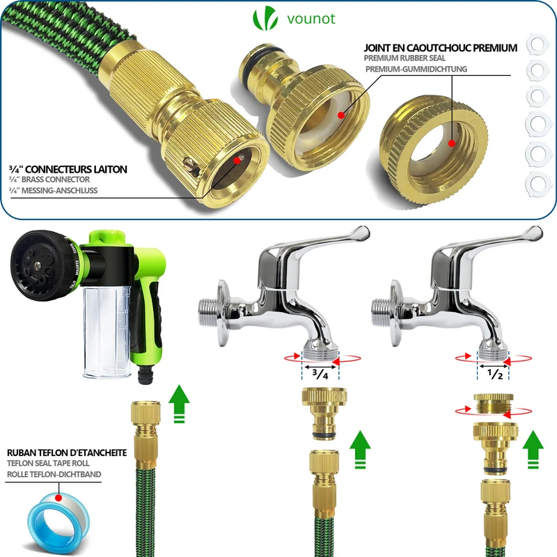 Tuyau d’Arrosage Extensible 15m avec Récipient Savon et accessoires vert