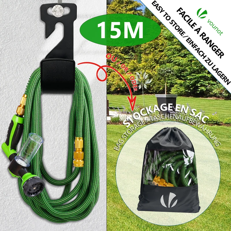 Tuyau d’Arrosage Extensible 15m avec Récipient Savon et accessoires vert