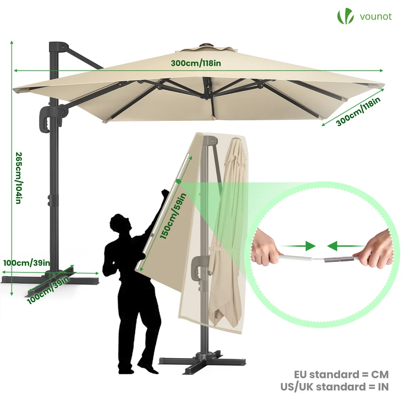 Parasol deporte inclinable Premium carre avec housse protection 3x3m beige