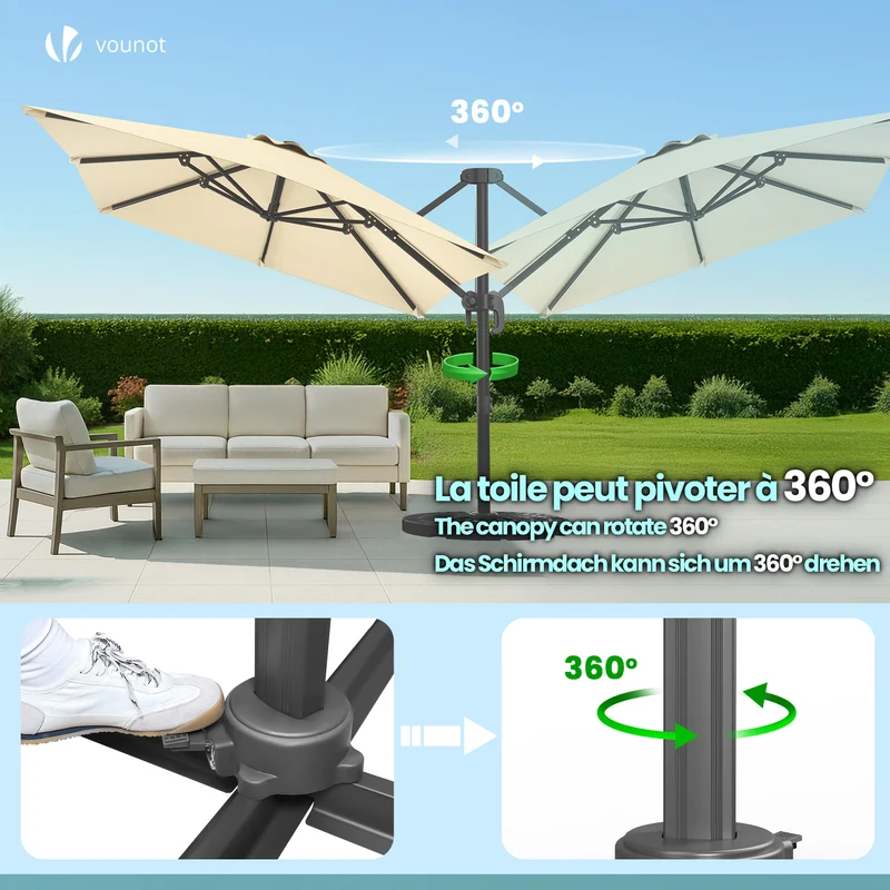 Parasol deporte inclinable Premium carre avec housse protection 3x3m beige