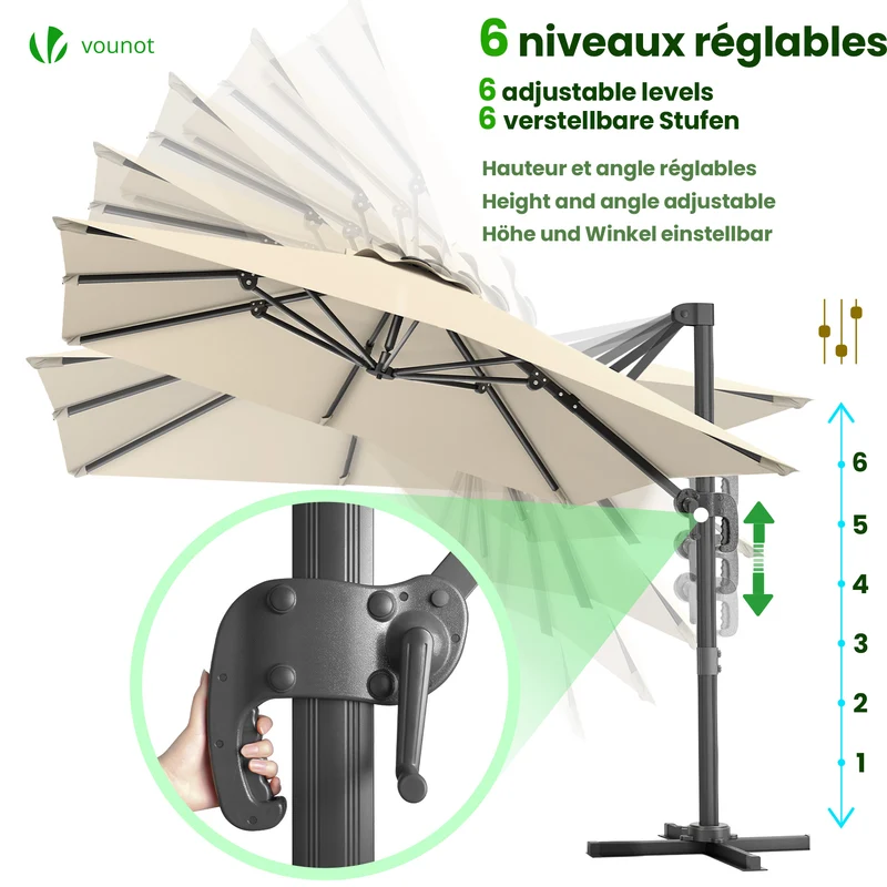 Parasol deporte inclinable Premium carre avec housse protection 3x3m beige